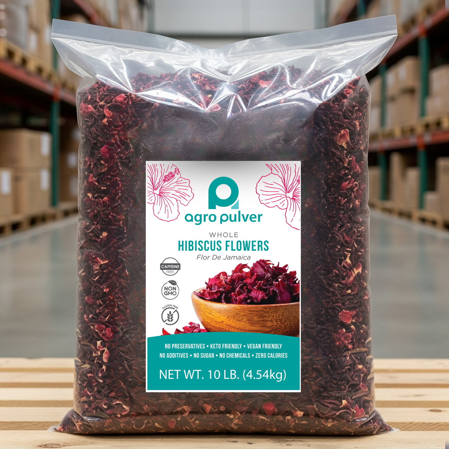 Bag of Agro Pulver 10lb hibiscus flowers in a warehouse setting.