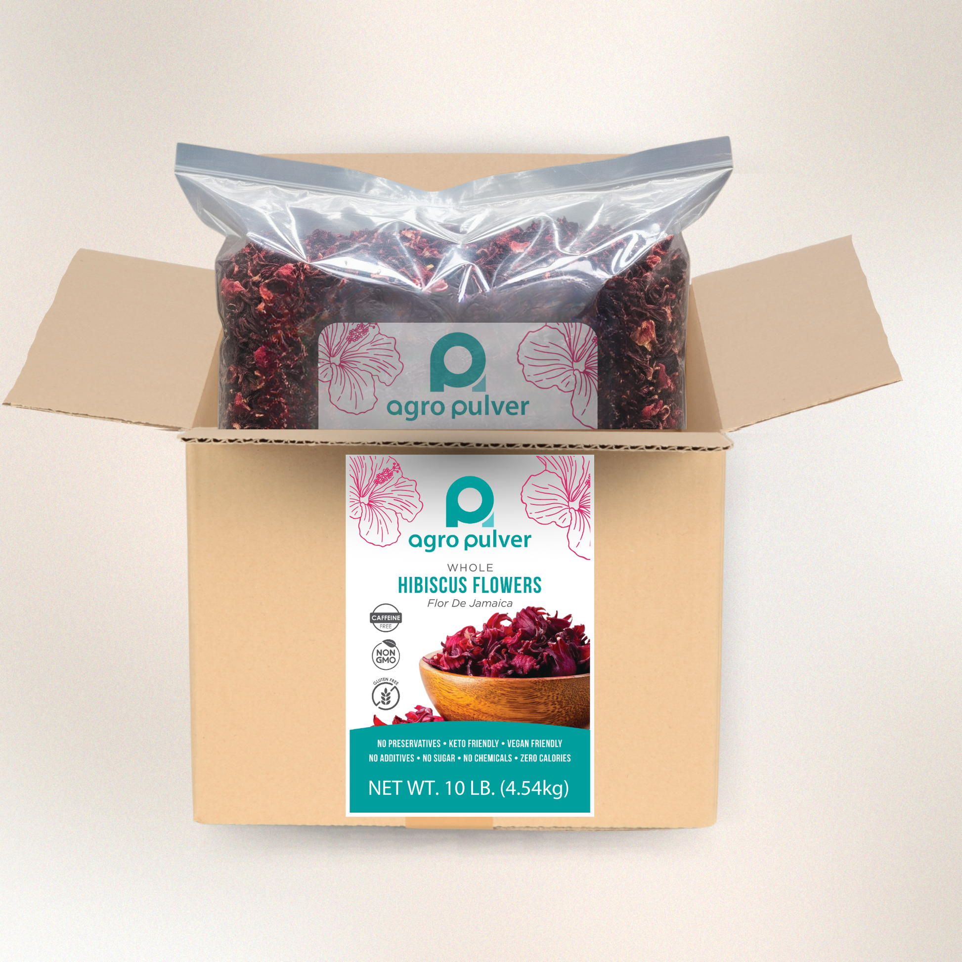10lb Agro Pulver hibiscus flowers package with visible branding on a beige background.