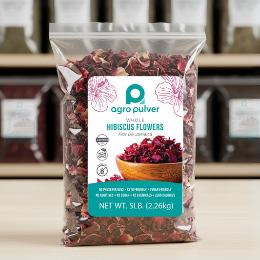 Package of Agro Pulver 5lb whole hibiscus flowers.
